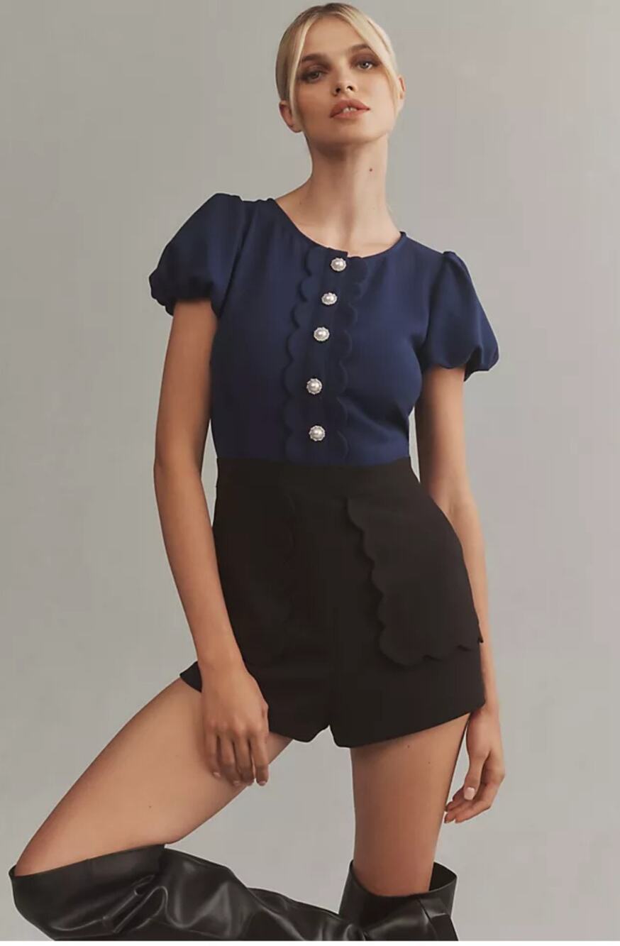Anthropologie Maeve Puff Sleeve Colorblock Scallop Navy Black Romper US 4
